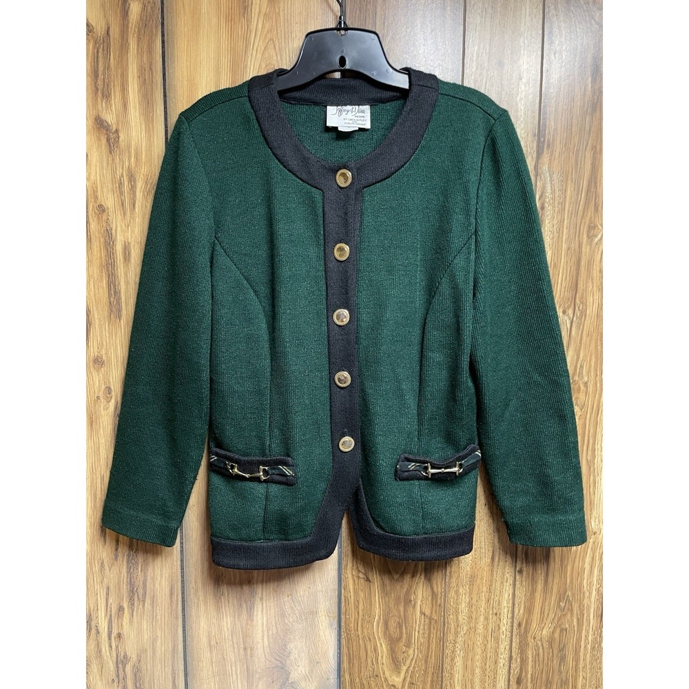Jeffrey & Dara Womens‎ Emerald Green Gold Buttons Knit Sweater Jacket Vintage 10